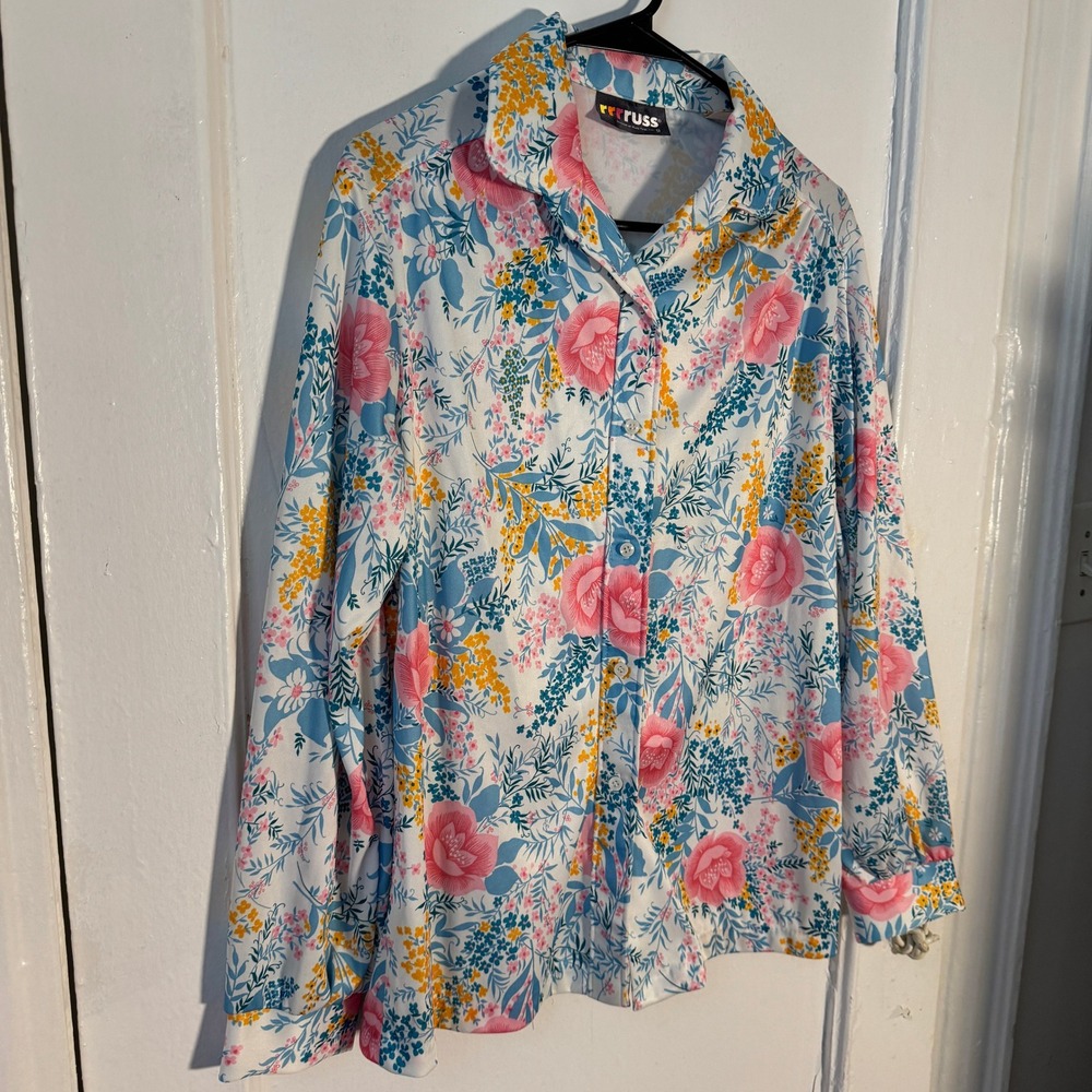 Vtg 70s Prairie Romance Floral Top Buttons Vibrant Pastel Dopamine Maximalist M - Picture 6 of 11